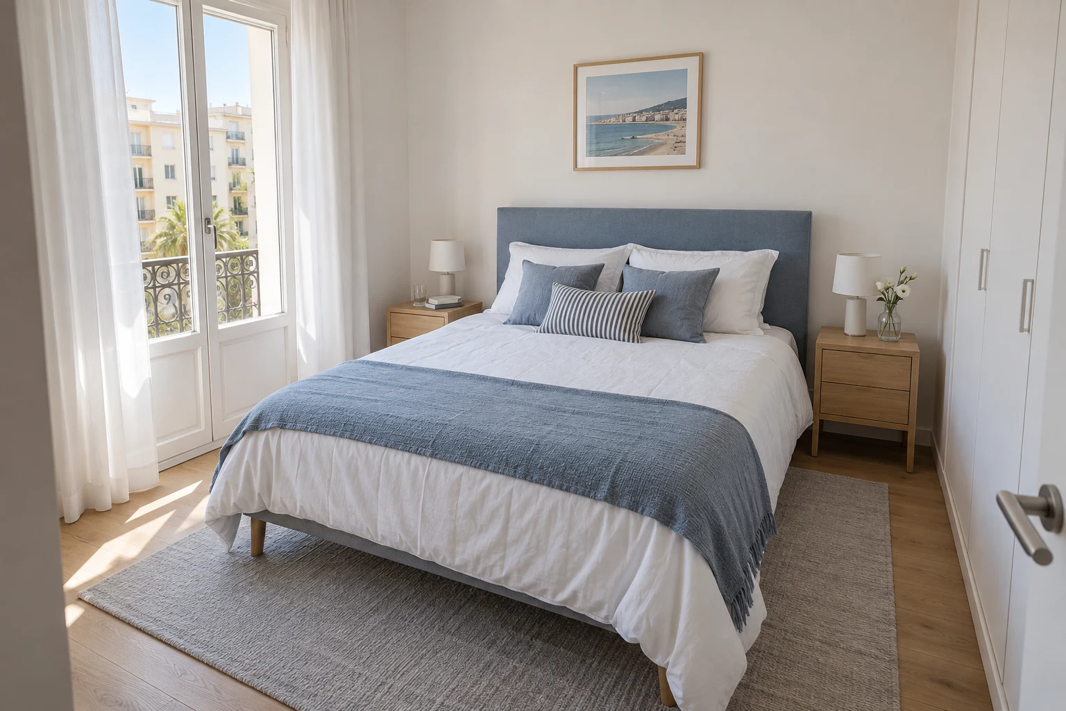 Chambre lumineuse avec linge de lit bleu, tables de chevet en bois et rideaux légers