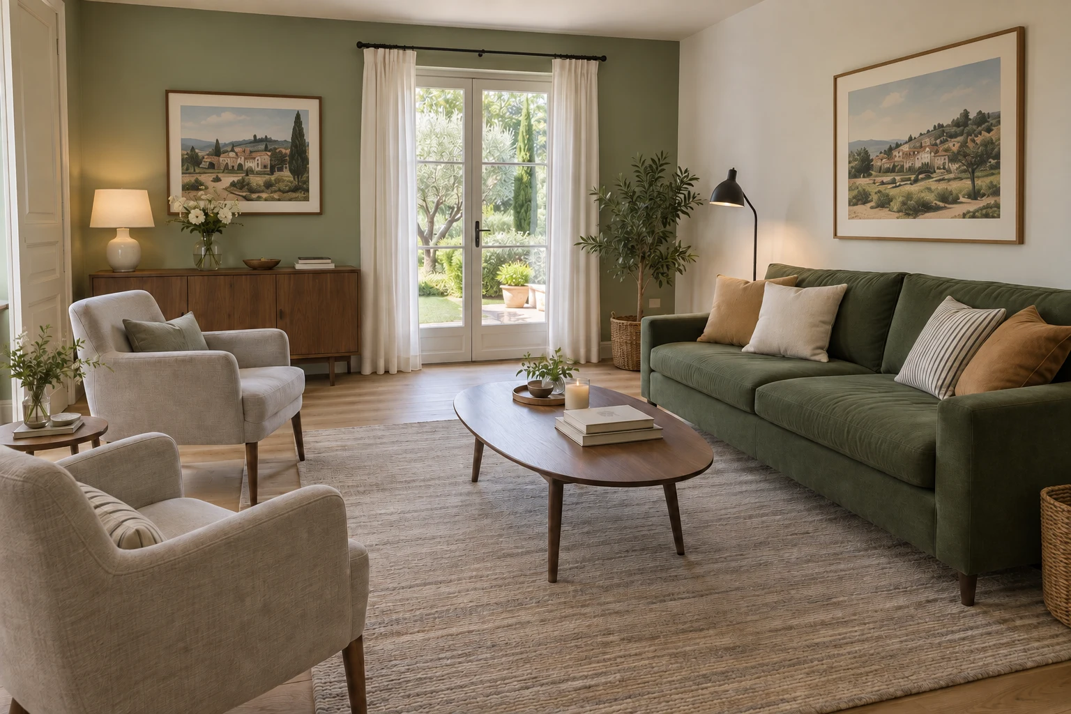 Salon de maison d’hôtes avec canapé vert, fauteuils et grands tableaux de paysage