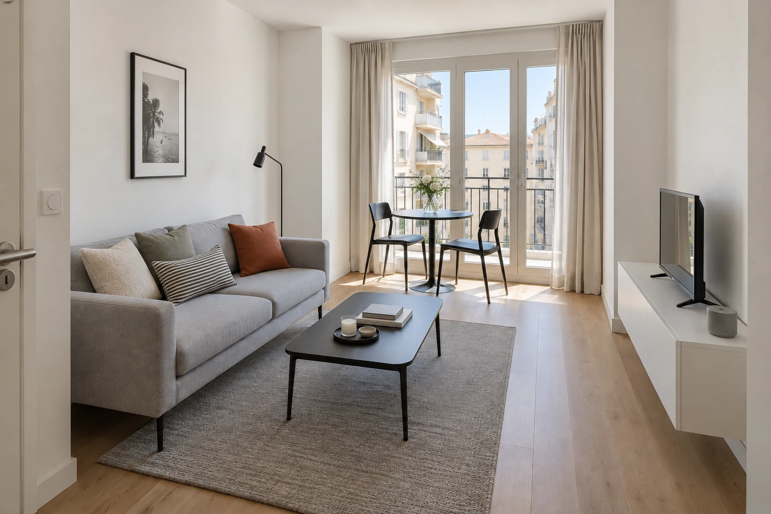 Un petit séjour moderne, canapé clair, table basse sombre et coin repas près de la fenêtre